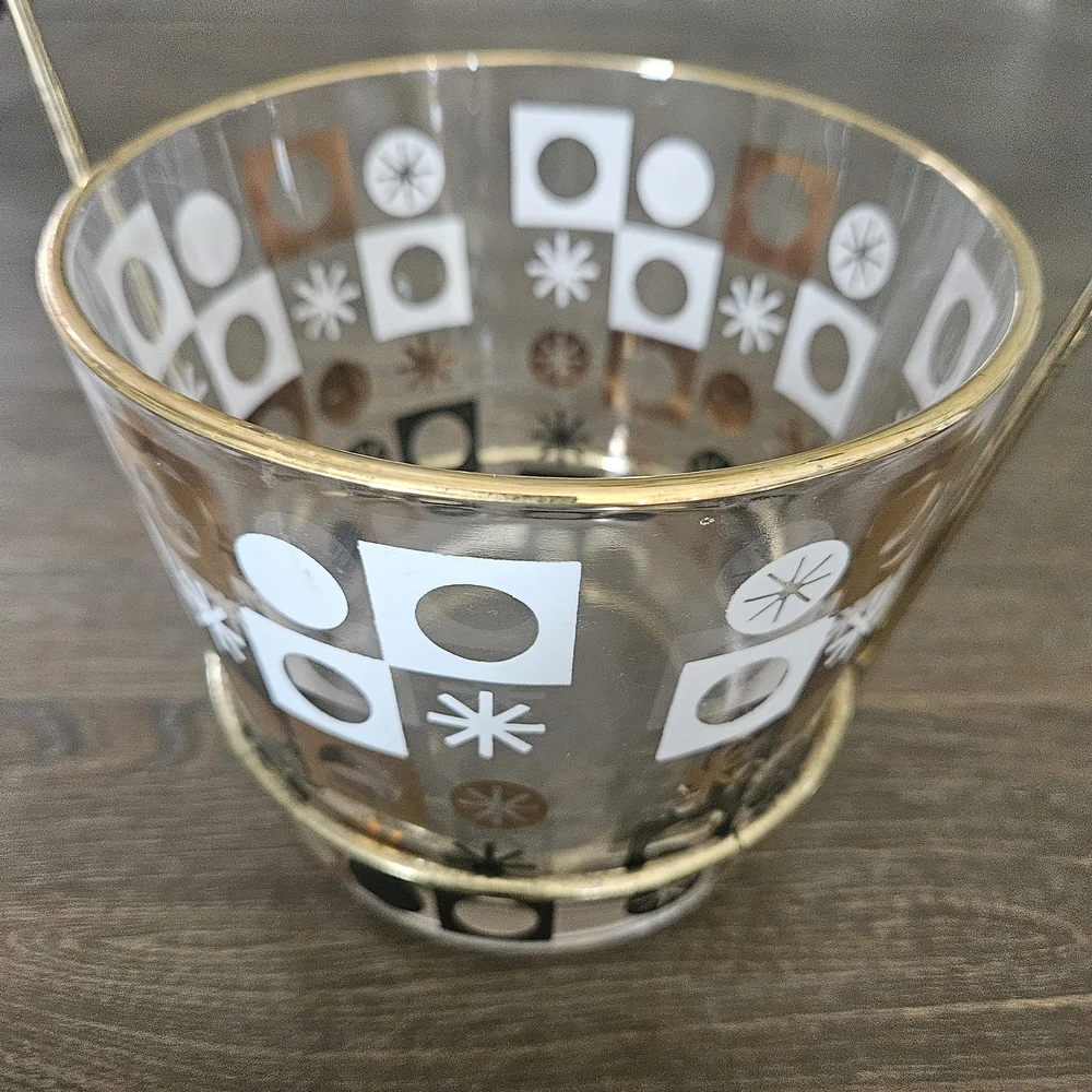 Vintage Atomic Glass Ice Bucket with Gold, Black and White Design
